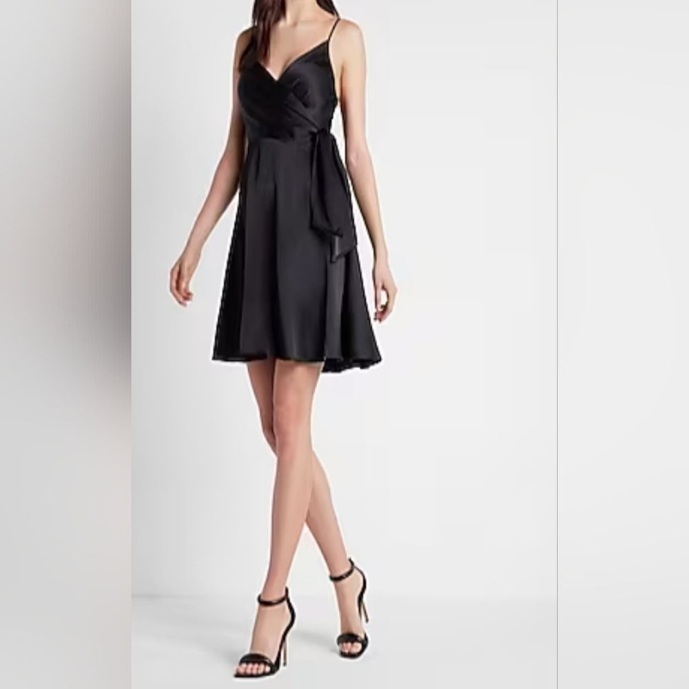 Express satin faux wrap tie waist mini black large